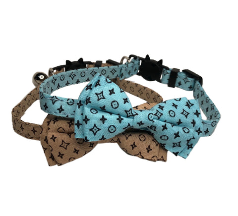 LV Inspired Print Cat Collar Duo with Blue